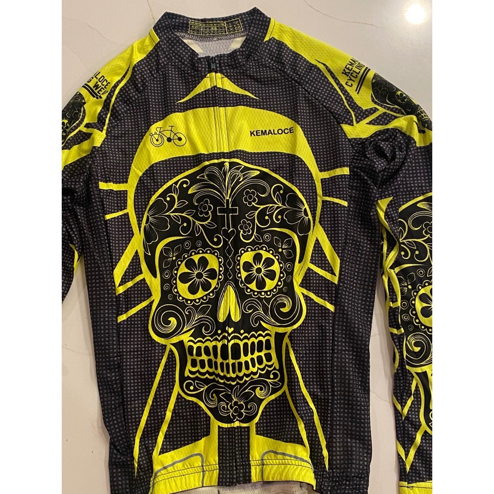 Kemaloce Long Sleeve Cycling Jersey Skull‎ Print Yellow Black Men's XS